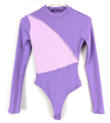 Naked Wardrobe sz M Bodysuit ribbed purples stretchy long sleeve top 0049