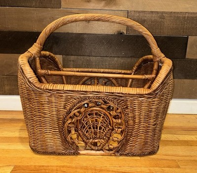 Large Vintage 1970s Organic Modern Wicker Rattan Magazine Rack Basket Woven MCM