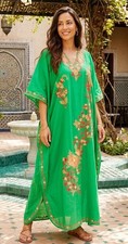 Womens Boho Green Maxi Kaftan Floral Embroidered Georgette Long Caftan Dress 53"