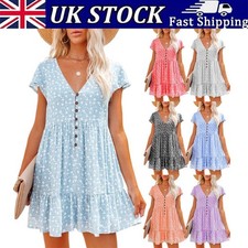 Women's Floral Mini Dress V Neck Ruffle Short Sleeve Flowy A-line Summer Beach