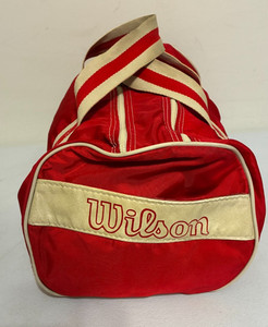 Vintage Wilson Red & Tan Duffle Bag Barrel Shape 2 Handles Gym Sports Retro