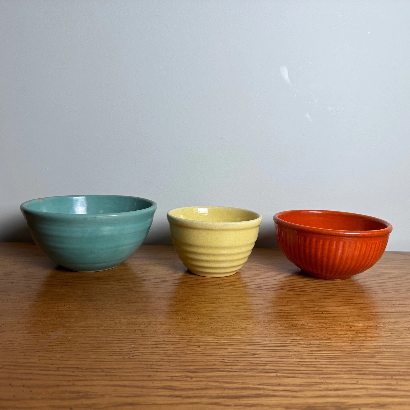 Ceramic Mismatched Nesting Mixing Bowl Set Teal Orange Yellow Vintage Kitchen