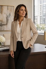 NWT Kasper Petite Beige/White Pinstripe One Button Blazer Women s Size 14P 240