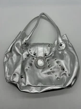 Charm And Luck Hobo Shoulder Bag Purse Leather Silver Metallic Rhinestones