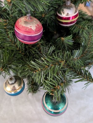 LOT of 4 Vtg 1950s Silvered Glass Christmas Ornaments Striped Ball Hand Painted