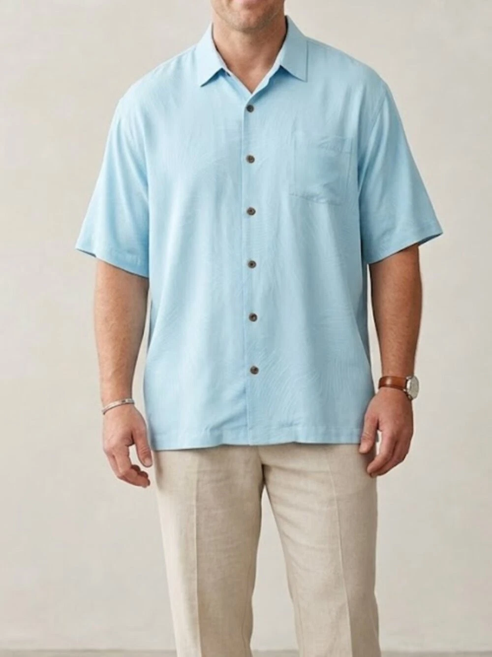 Tommy Bahama XXL Light Blue Silk Blend Jacquard Short Sleeve Beach Shirt
