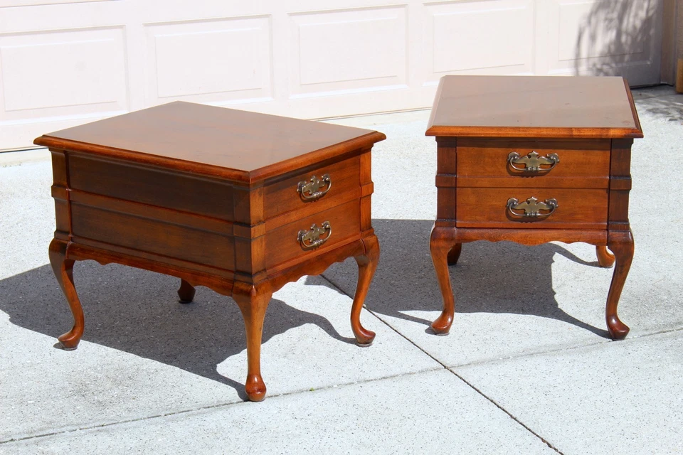 Vintage Mersman Queen Anne Style Solid Cherry End Tables with Drawer - Set of 2 - Image 2 of 4