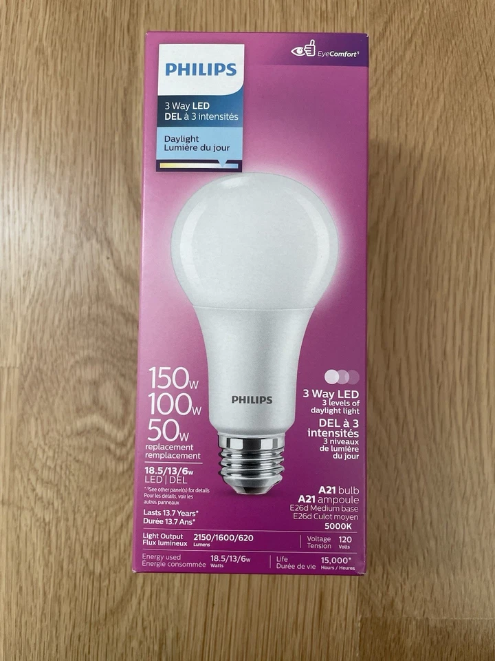 Philips 50 100 150W LED 3 Way Light Bulb A21 Non Dimmable Daylight 3 Bulbs - Image 2 of 4