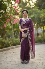 Purple Net Saree  Women's Embroidered  Indian Pakistani Designer Sari NEW