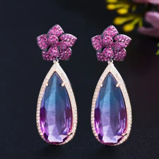 Mutilcolor Rainbow CZ Flower Long Big Drop Earrings for Women 2021 Boho Jewelry