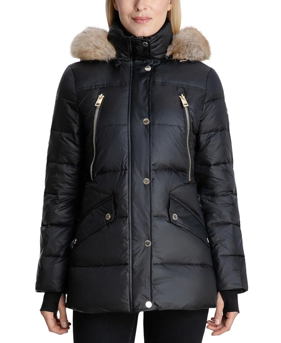 Michael Kors Women Faux Fur Trim Hooded Quilted Down Jacket Puffer
