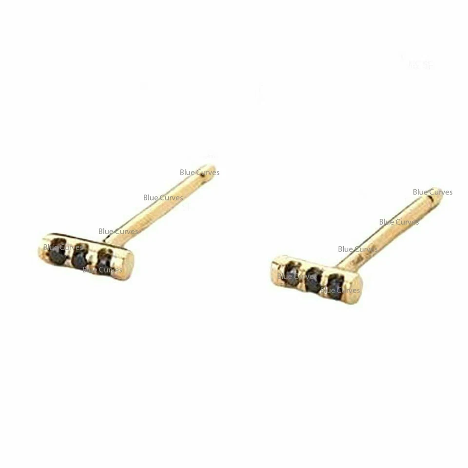 Barra de diamantes negros en oro blanco macizo de 14 k pequeños aretes finos regalo joyería Foto 2 de 4