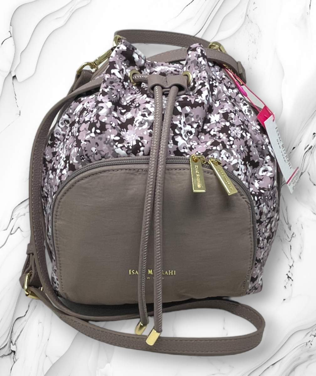 Isaac Mizrahi Mauve Plum Floral Bucket Purse Bag Drawstring