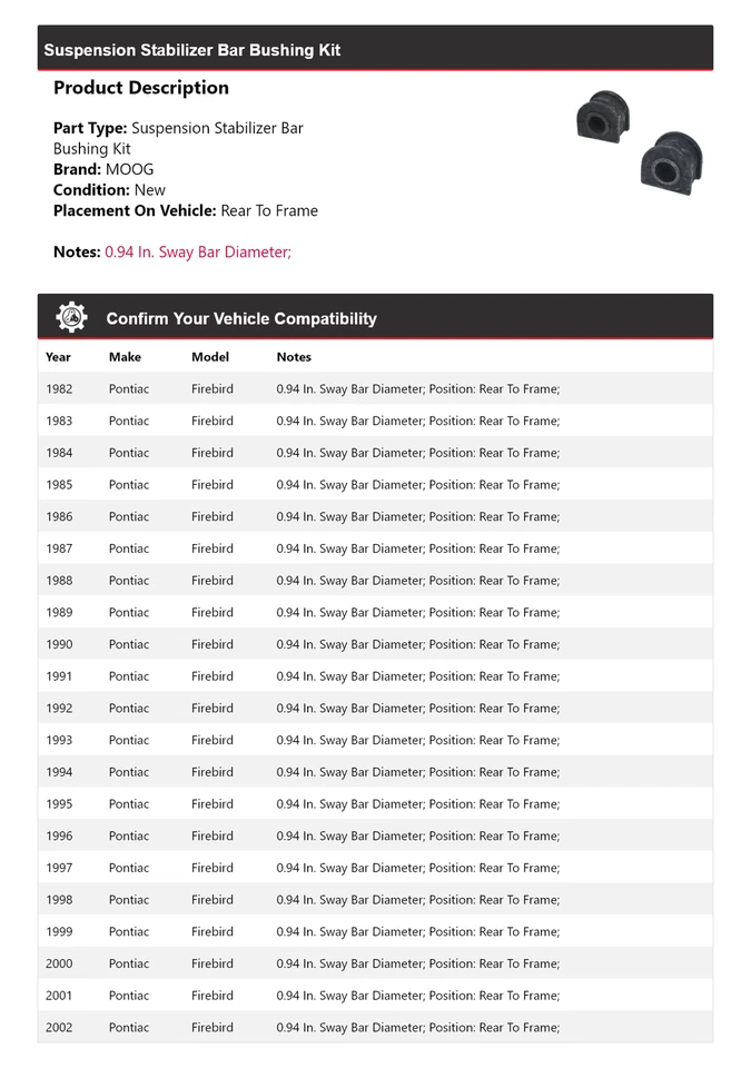 Kit de buje de barra estabilizadora de suspensión para Pontiac Firebird 1982-2002 MOOG 1982 Foto 2 de 4