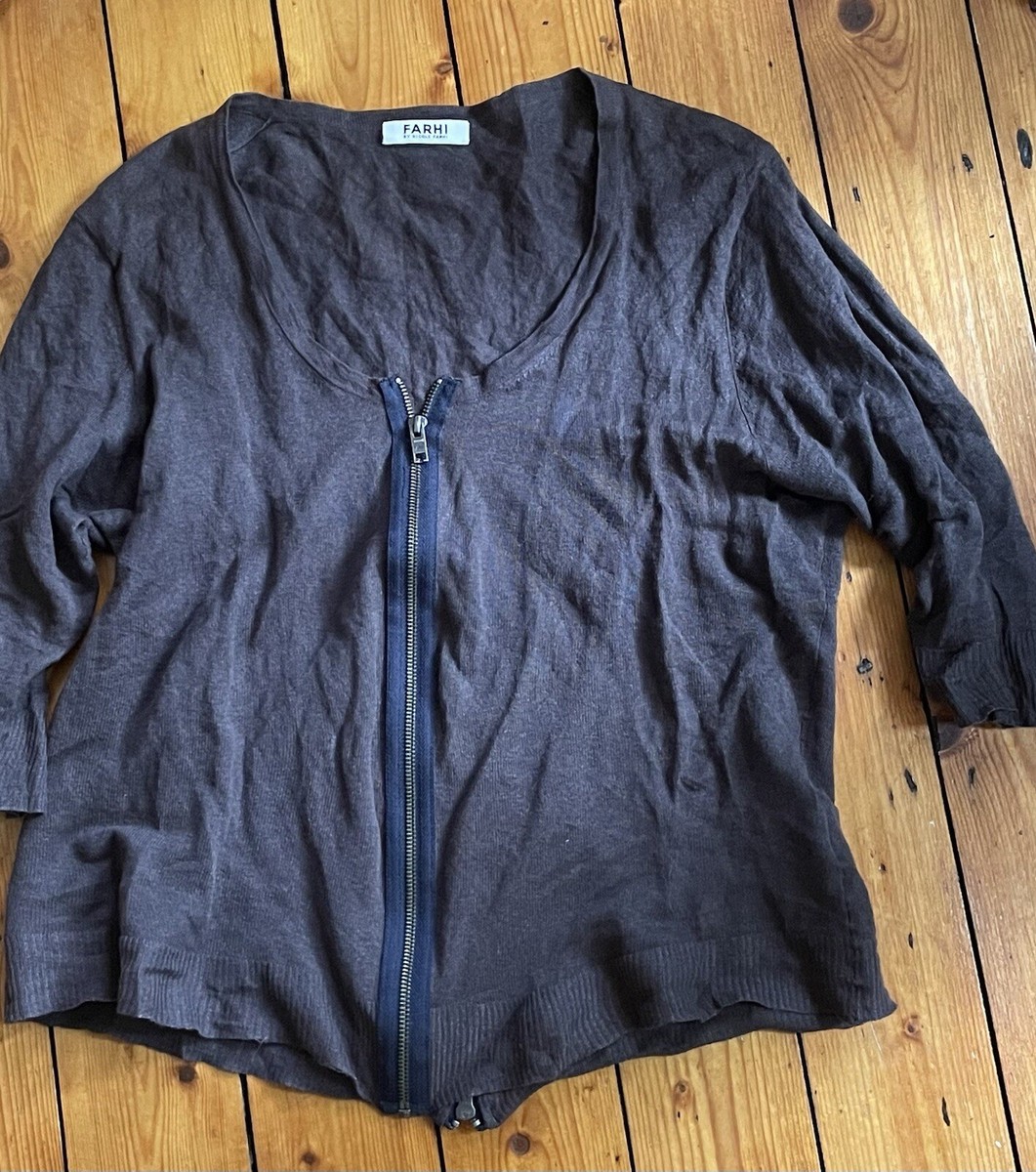 Nicole Farhi, Vintage Zipped Chocolate Mid-Sleeve Top/Cardigan, Cotton  (Size L)