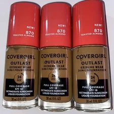 COVERGIRL OUTLAST EXTREME WEAR 3 IN ONE FOUNDATION. TOASTED ALMOND THREE PACK!!!