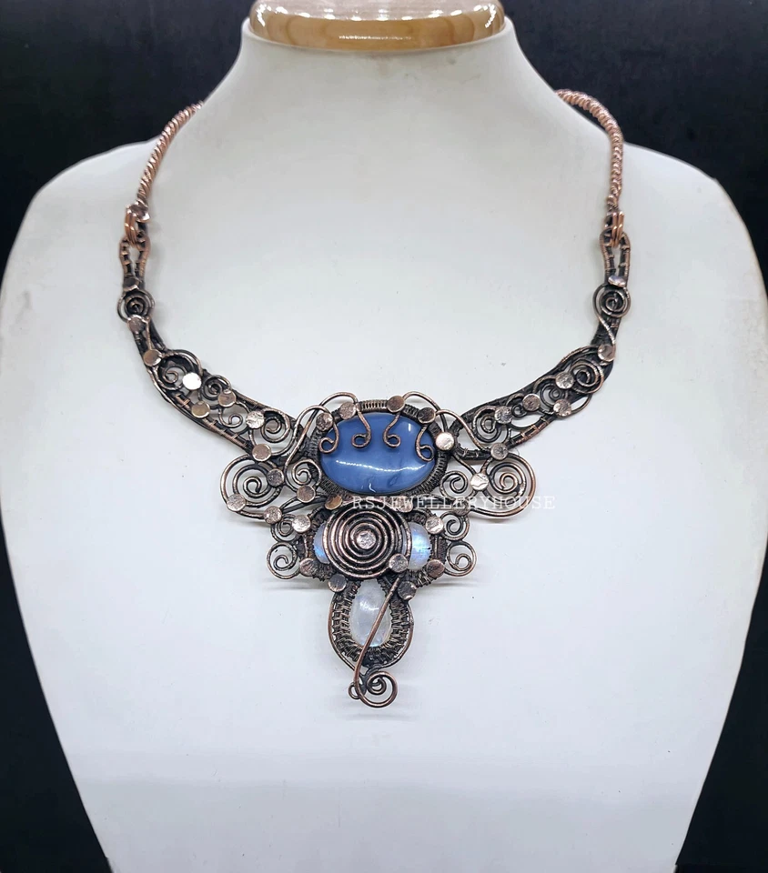 Chalcedony and Rainbow 月光石铜线项链优雅手工珠宝首饰 — 第 4/4 张图片