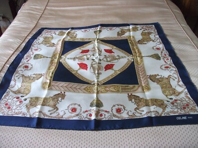 SCHÖNER VINTAGE SEIDENTUCH CELINE - SILK SCARF - MOTIVE PFERDE UND PASSEMENTERIE