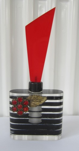 Antique Art Deco Perspex & Glass Perfume Scent Bottle + Stopper Black  & Red - Picture 1 of 21