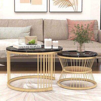 Runder Couchtisch abnehmbar 2er Set Beistelltisch mit goldenen Metallgestellbeinen schwarz