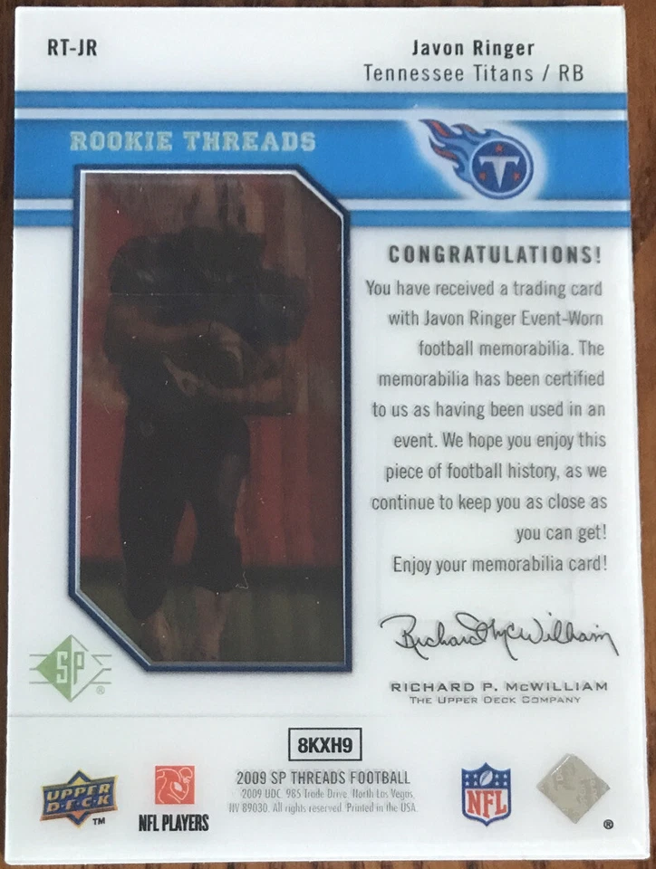 2009 SP Threads Rookie Threads Triple Swatch Javon Ringer RT-JR #’d 130/199 - Image 2 of 2