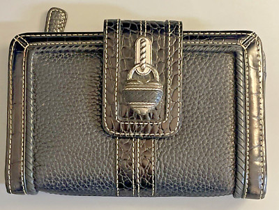 Brighton Women's Bi-Fold Black Leather Wallet Metal Heart Snap Closure Crocodile