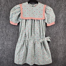 Vtg 80s/90s Floral Prairie Cottage Bib Dress Scrunch Waist Side Tie Sz 6