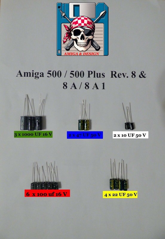 🕹 Commodore AMIGA 500 /500 Plus Rev.8 / 8A / 8A1 - Elkos Capacitors - Recap