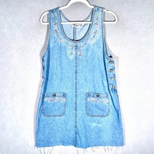 Vintage y2k Cottagecore Denim Dress Womens PL Floral Embroidered Mini Cowgirl