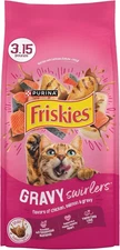 Purina Friskies Dry Cat Food, Gravy Swirlers - Chicken, Salmon - 3.15 lb. Bag