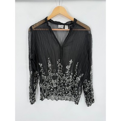 Chicos Sheer Blouse Womens 2 or L Crinkle Whimsigoth Boho Floral Embroidered