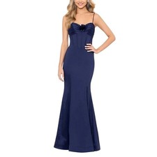 Blondie Nites Navy Blue Evening Gown Satin Lace Up Formal Mermaid Dress Size 7