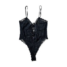 VTG Victoria s Secret Gold Label Black Lace Teddy Tie Front Size Med High Cut