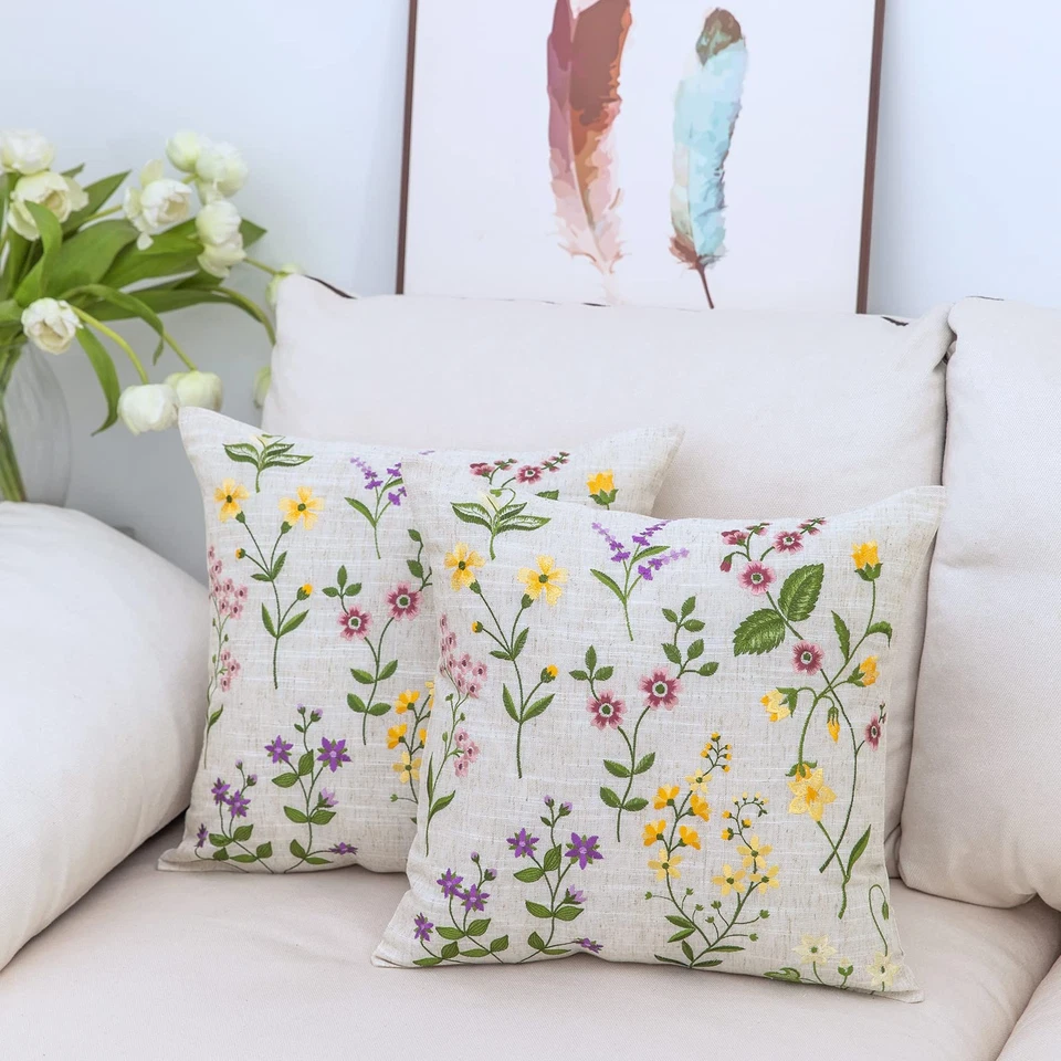 Pillow Covers 18 x 18 Inches Set of 2 Beige Soft Throw Pillow Covers with Flo... - Image 4 of 4