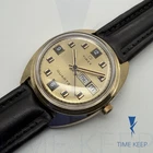 Vintage 1970s Timex Q Quartz Day Date 38mm Black Leather Band - Works Great