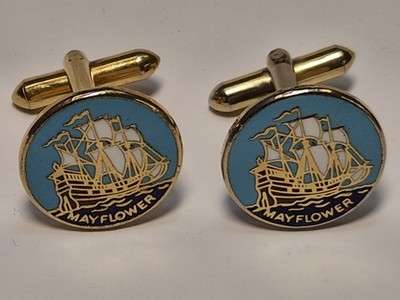 Vintage Windsor Mens Gold Tone Round Enamel Cufflinks Mayflower Pilgrims Ship