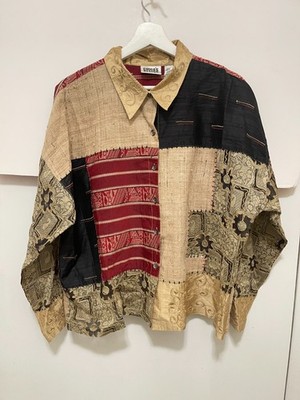 Chico s Embroidered Silk blend Patchwork Mixed Patch Blouse Beige Red  BOHO SZ 3