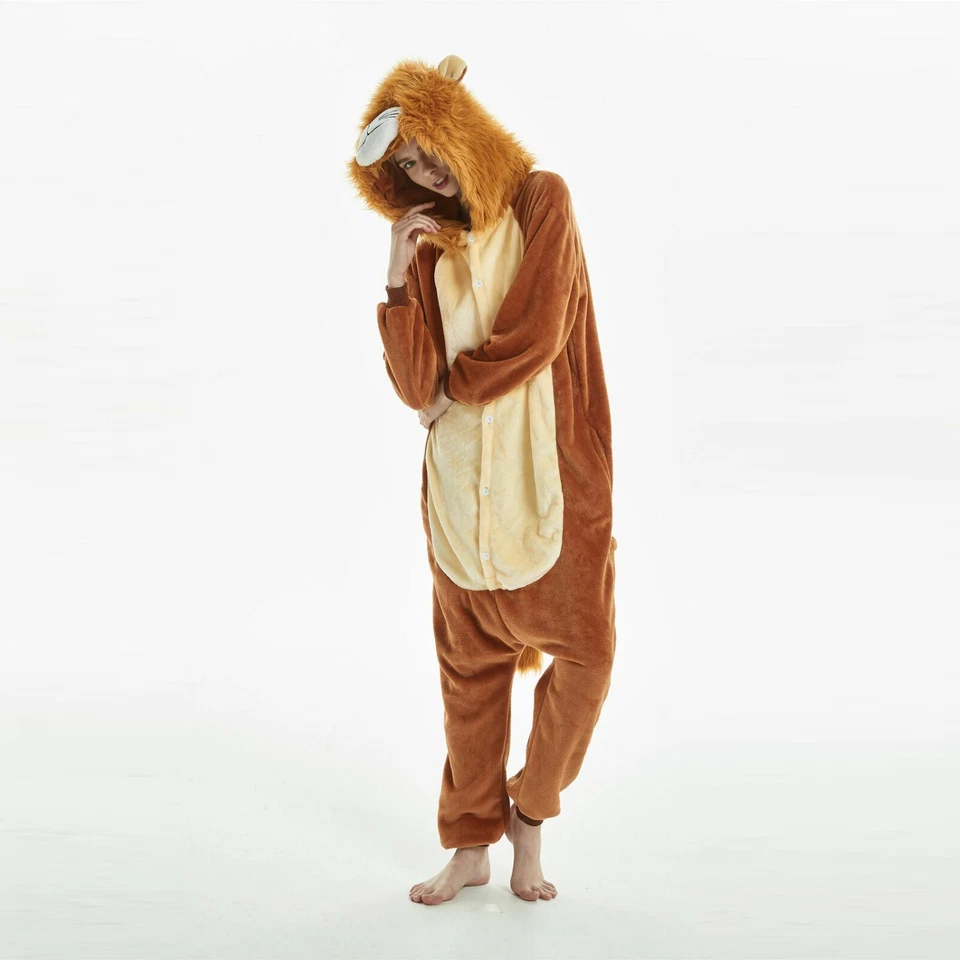 Adult Unisex  Flannel Sleepwear Lion Cosplay Costume Pajamas One Piece Animal - Image 3 of 4