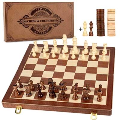 2 in 1 Magnetic Wooden Chess & Checkers Set 15 In, Folding Board Gift Box Packed
