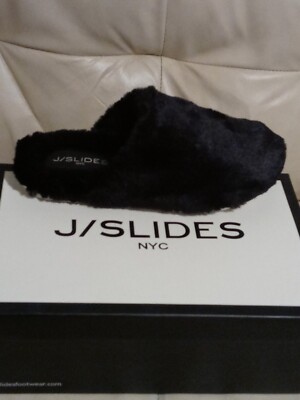 J Slides Sleepy Black Faux Fur Women's Slippers Sz