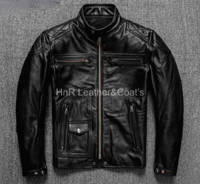 men cafe racer biker slimfit motorcycle black leather jacket