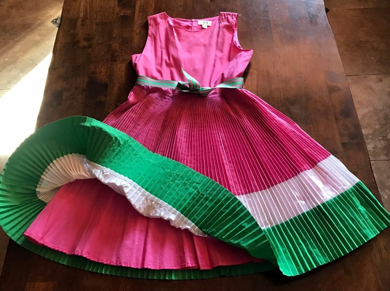 NEW THE CHILDREN PLACE PINK GREEN WHITE TWIRL PLEATED DRESS W/ BOW BELT SIZE 14