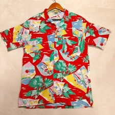 Fast Breakers Mens Vintage SS Button Shirt Sz.L/Red/Floral/Beach Print Hawaiian 