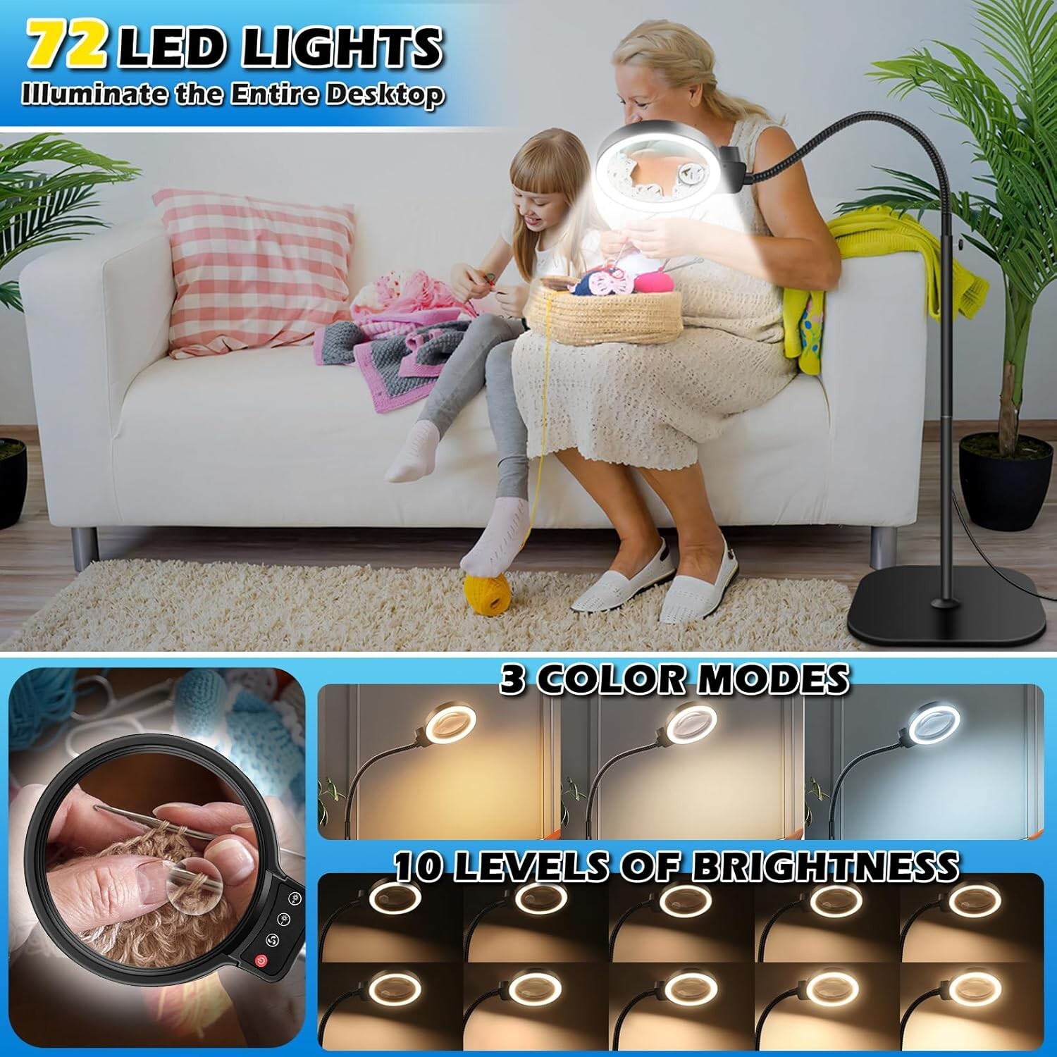 30X 10X Large Floor Magnifying Glass with Light and Stand,72 LED Adjustable H...