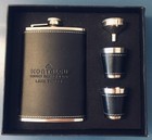 8 oz BLACK LEATHER COVERED Flask, 2 Shot Cups & Funnel,  vintage MONT-BLEU TAHOE — photo 1