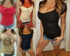 SEXY sheer lace short sleeve tie bow bust low cut cleavage burnout tee shirt top