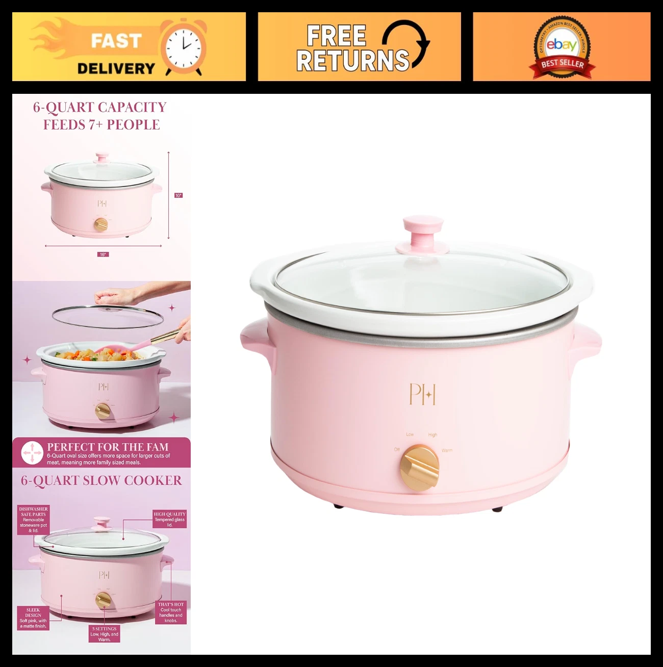 6-Quart Manual Slow Cooker - 3 Settings (Low, High, Warm), Nonstick Stoneware, P