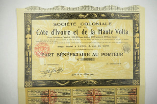 SOCIETE COLONIALE DE LA COTE D IVOIRE & DE LA HAUTE VOLTA PART BENEFICIAIRE 1927