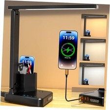 LED Desk Lamp with 3 USB Charging Ports,1 AC Outlet,2 Black 3.0 with Organizer