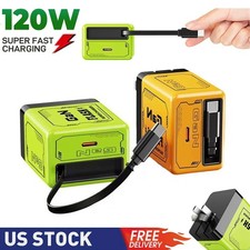 2 in 1 GaN Charger 120W Portable Retractable Wall Charger Plug With Type C Cable